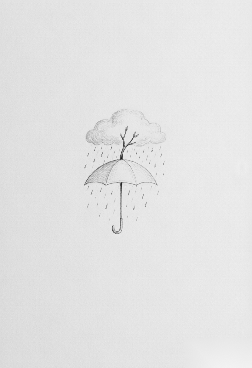 伞挡住雨滴而新枝穿云生长